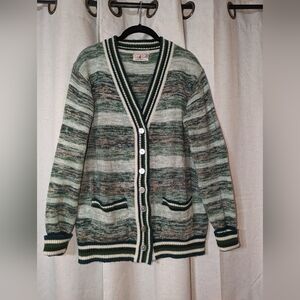 Vintage Greens White And Cream Button Up Knit 70s Cardigan Sweater